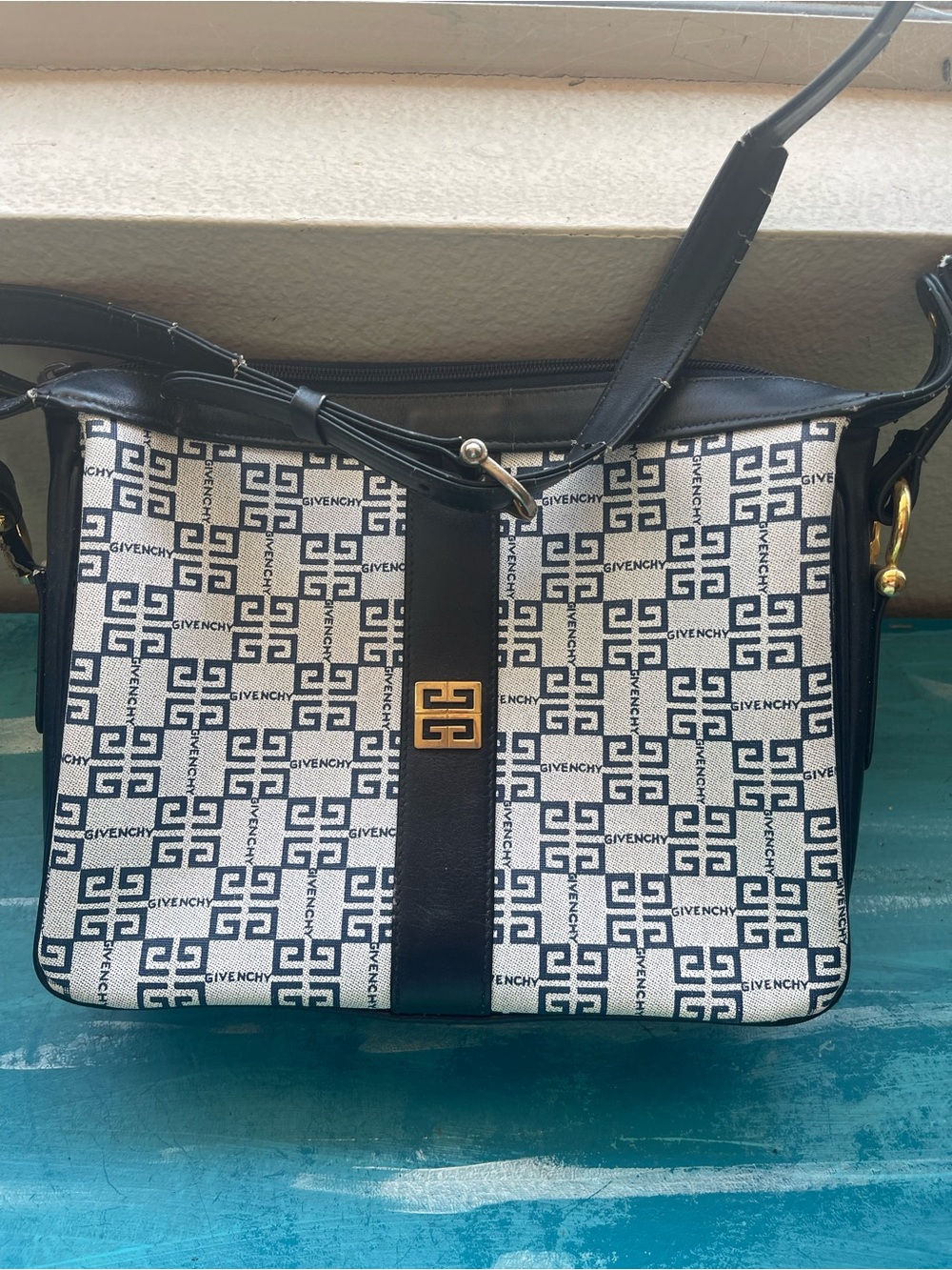Givenchy Black & White Monogram Jacquard Shoulder Bag with Gold Accent